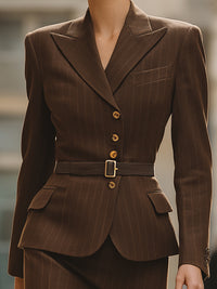 Brown Pinstripe Belted Blazer And Skirt Set