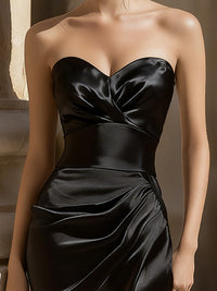 Strapless Satin Ruched Midi Dress