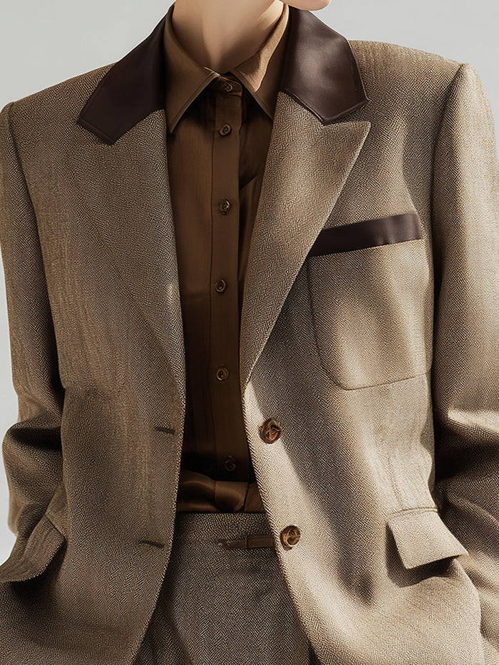 Herringbone Blazer And Trouser Suit With Contrast Collar