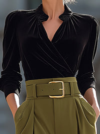 Structured Black Velvet Blouse With Olive Wide-Leg Trousers