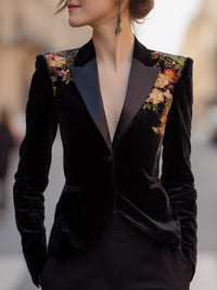 Gold Velvet Lapel Embroidered Velvet Blazer