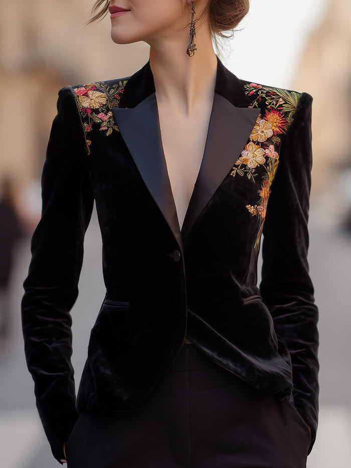 Gold Velvet Lapel Embroidered Velvet Blazer