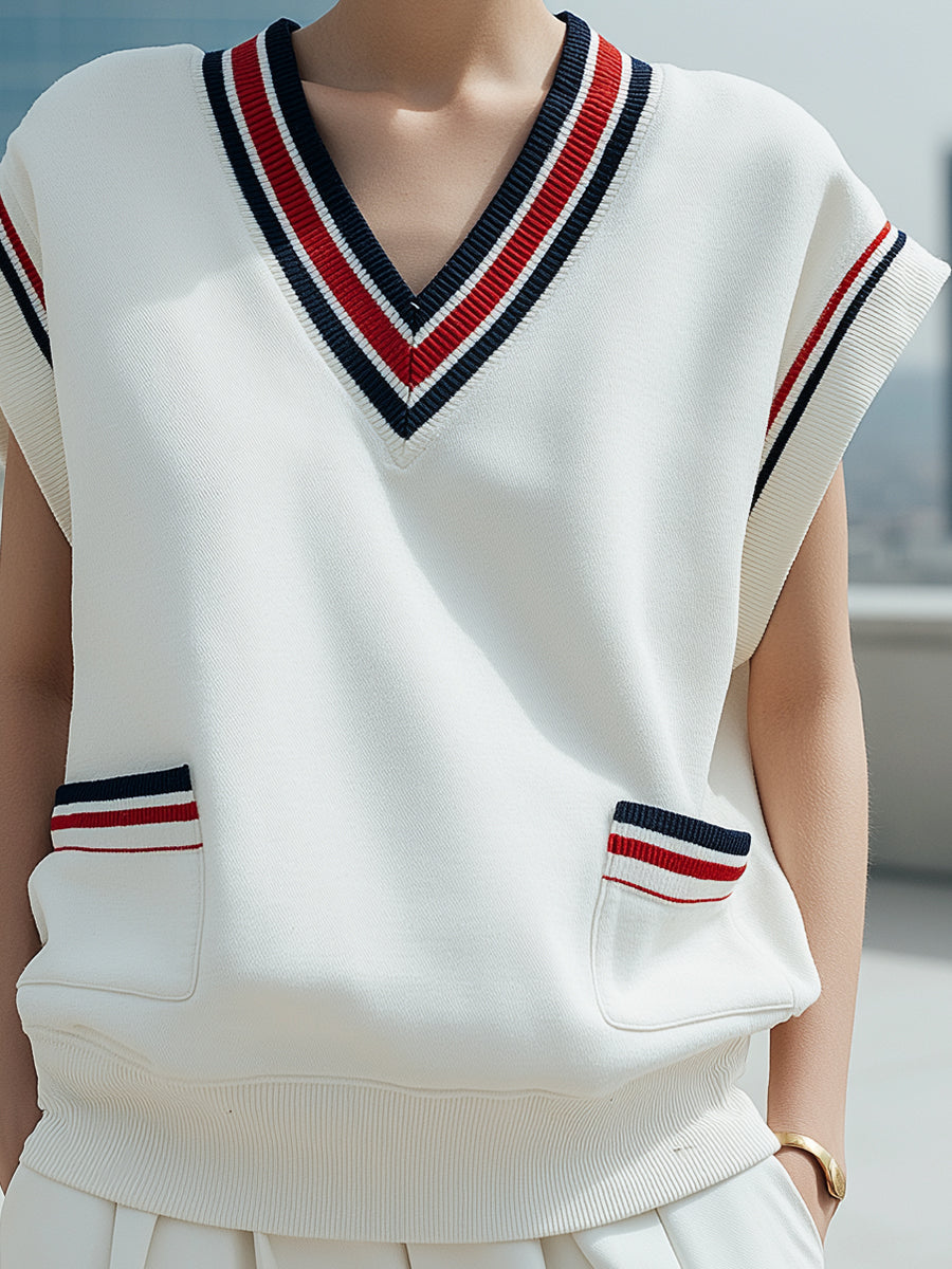 V-Neck Knit Vest With Tricolor Stripe Details