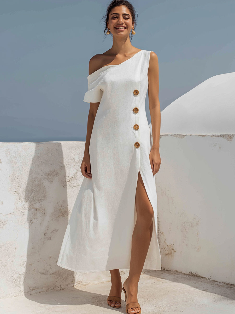 Elegant One-Shoulder Button-Detail Midi Dress