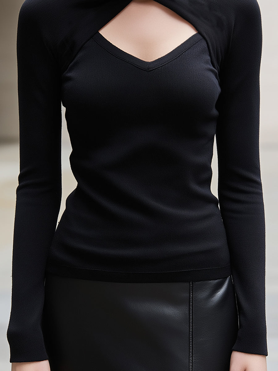 Mock-Neck Cutout Long-Sleeve Ribbed Knit Top In Black