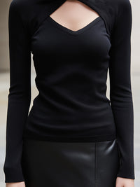 Mock-Neck Cutout Long-Sleeve Ribbed Knit Top In Black