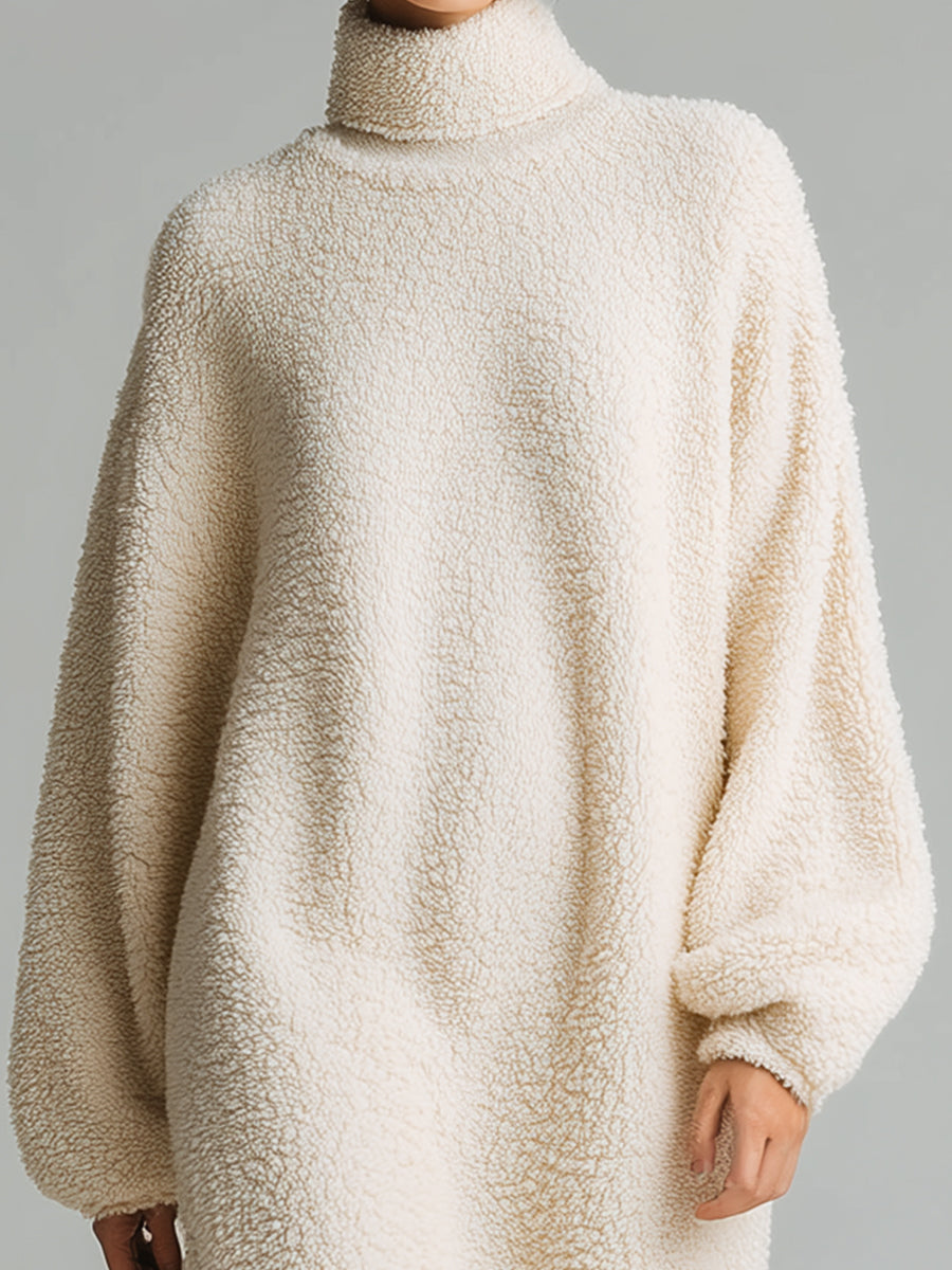 Oversized Cream Fleece Turtleneck Sweater Dress