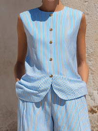 Striped Sleeveless Button-Front Wide-Leg Set