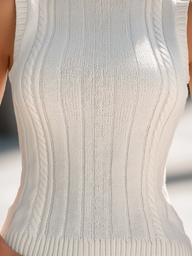 Classic White Ribbed Sleeveless Cable Knit Turtleneck Top