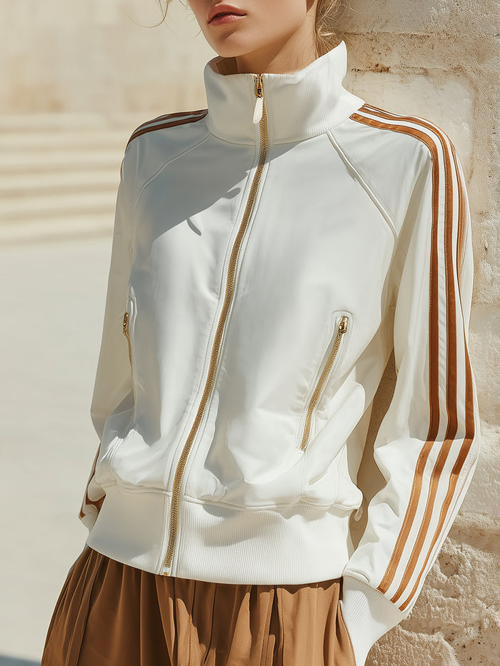 White Track Jacket With Gold Zipper And Brown Stripes