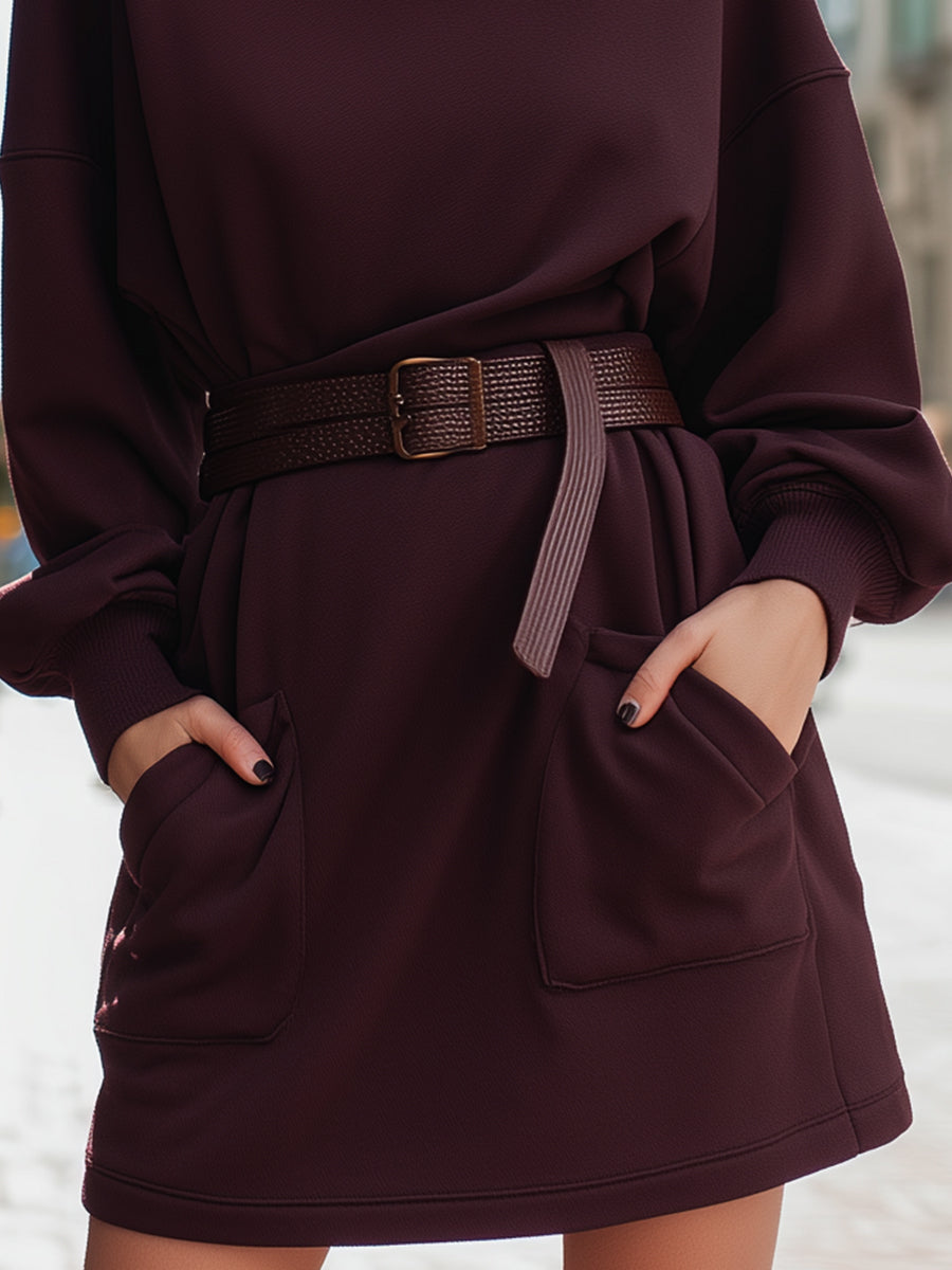 Burgundy Turtleneck Belted Sweatshirt Dress