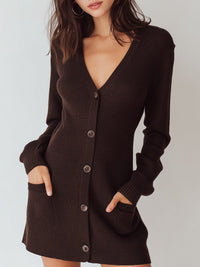 Chocolate Brown Button-Front Knit Sweater Dress