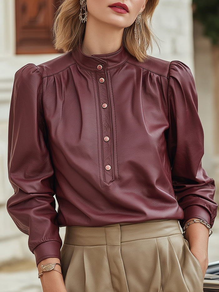 Faux Leather Button-Front Blouse