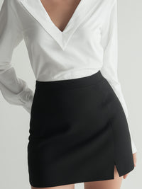 White Deep V-Collar Blouse With Black Mini Skirt Set