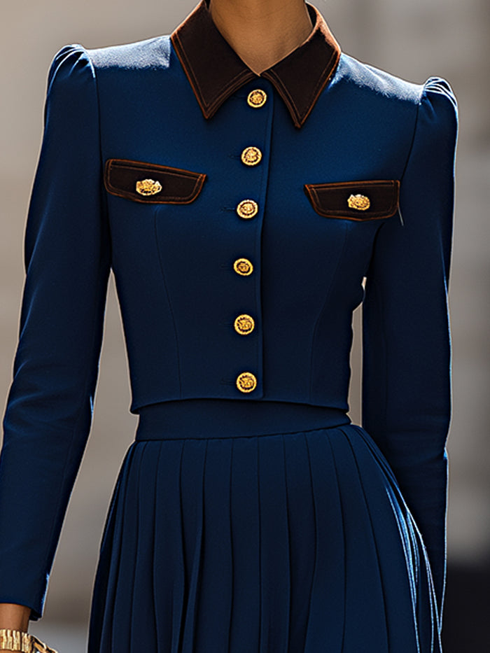 Navy Blue Pleated Two-Piece Dress Set