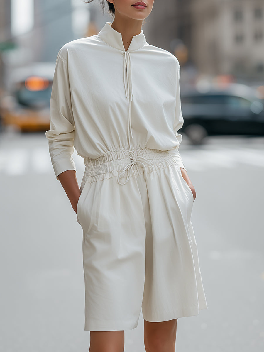 Relaxed Half-Zip Long Sleeve Drawstring Waist Shorts Jumpsuit