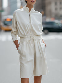 Relaxed Half-Zip Long Sleeve Drawstring Waist Shorts Jumpsuit