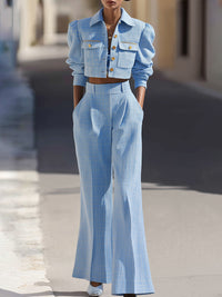 Powder Blue Cropped Tweed Jacket And Wide-Leg Pants Set