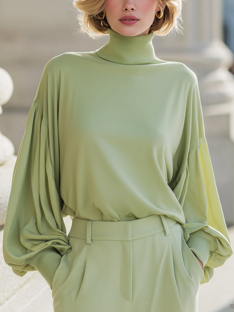 Pistachio Balloon-Sleeve Turtleneck Blouse