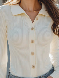 Cream Ribbed Knit Button-Up Top