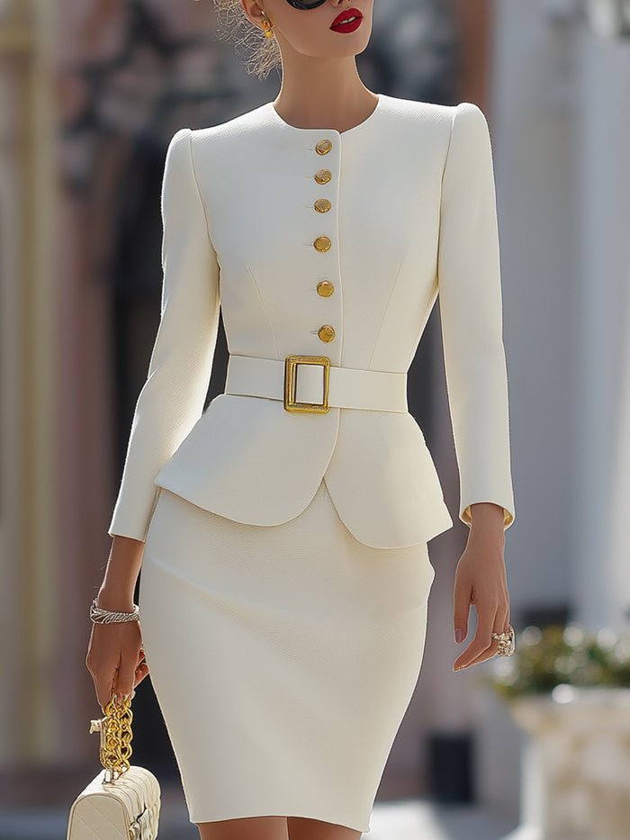 Chanel Style Gold Button Ruffle Suit