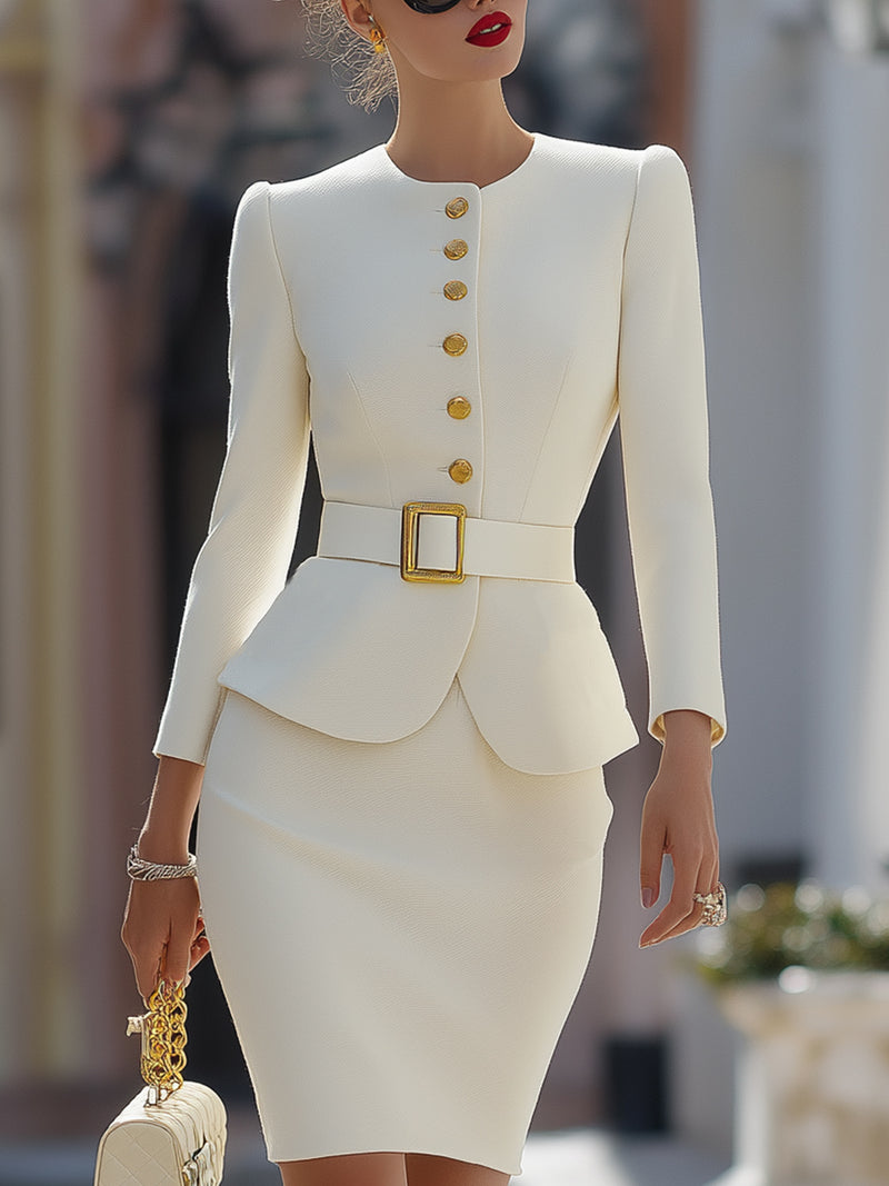 Chanel Style Gold Button Ruffle Suit