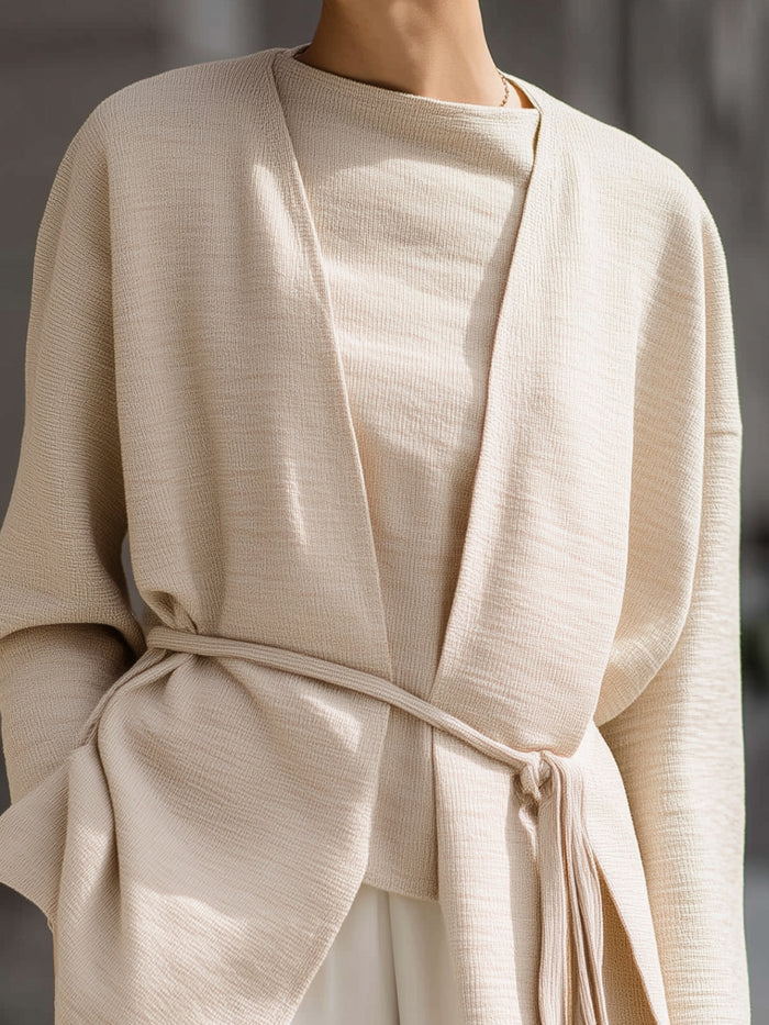 Beige Belted Wrap Cardigan With Inner Layer Two-piece Set