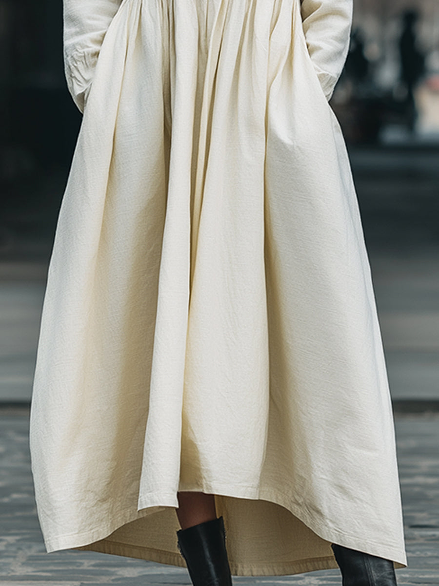 Minimalist Cotton Linen Long-Sleeved Dress With Cinched Waist