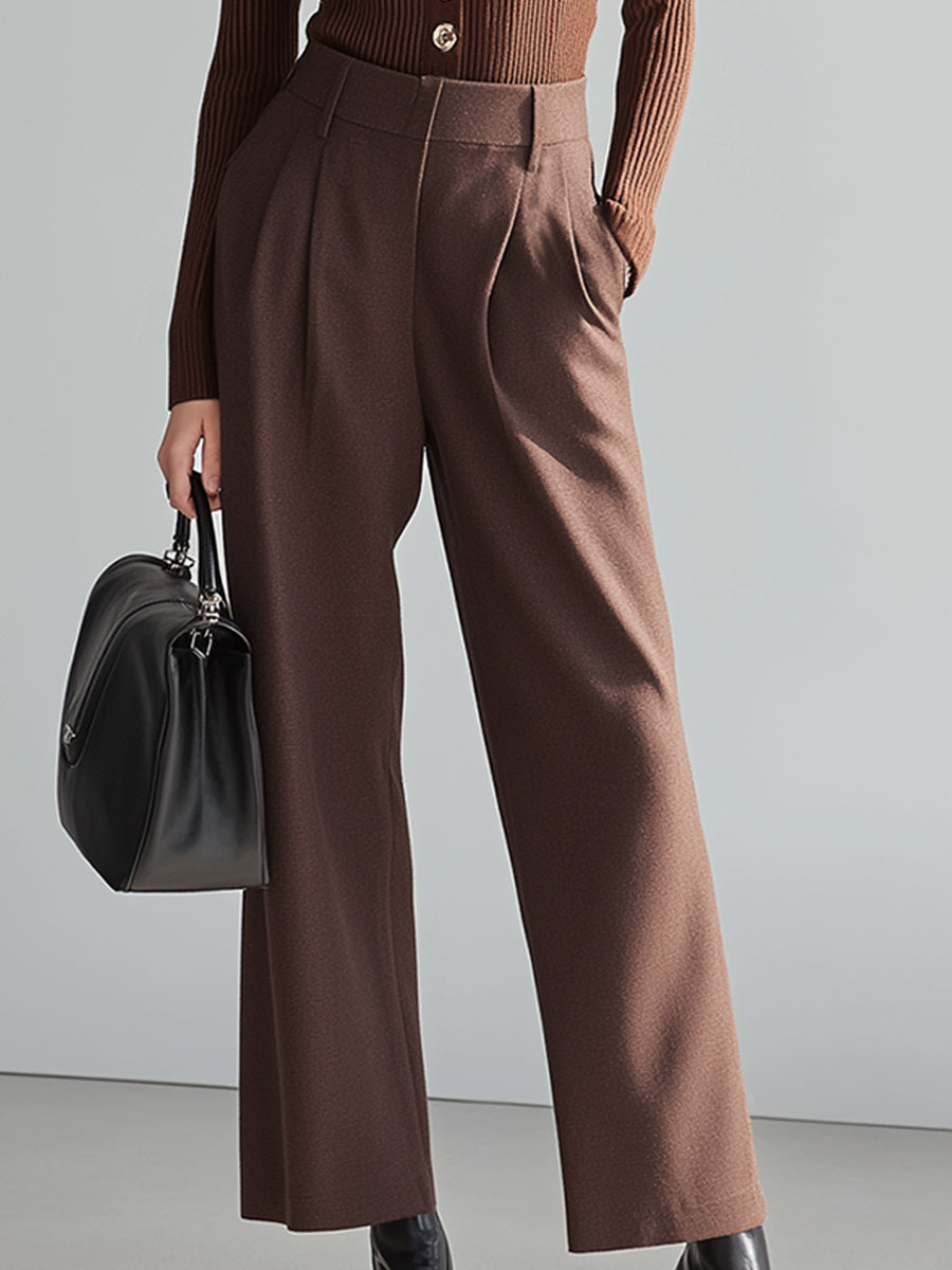 Chocolate Brown Ribbed Knit Top & Tailored Wide-Leg Pants Set