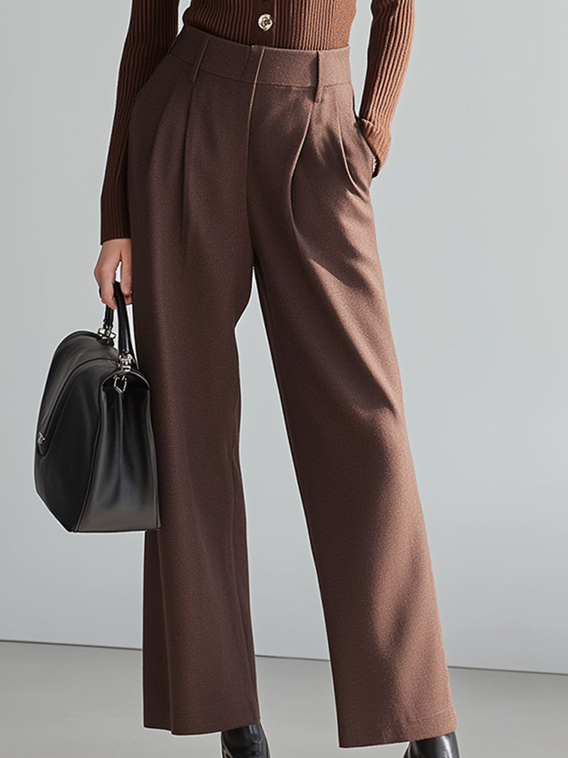 Chocolate Brown Ribbed Knit Top & Tailored Wide-Leg Pants Set