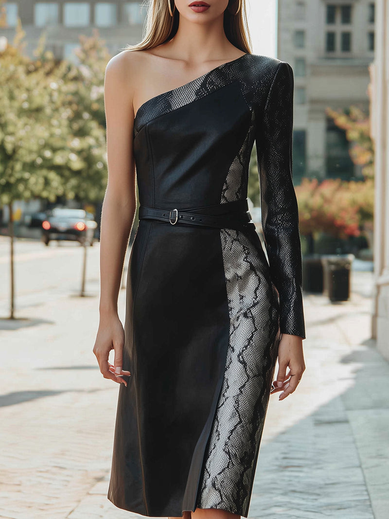 Black One-Shoulder Leather Dress With Snakeskin Panel