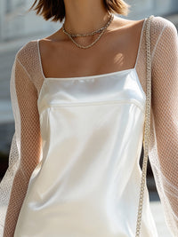 Ivory Satin Mini Dress With Sheer Mesh Long Sleeves