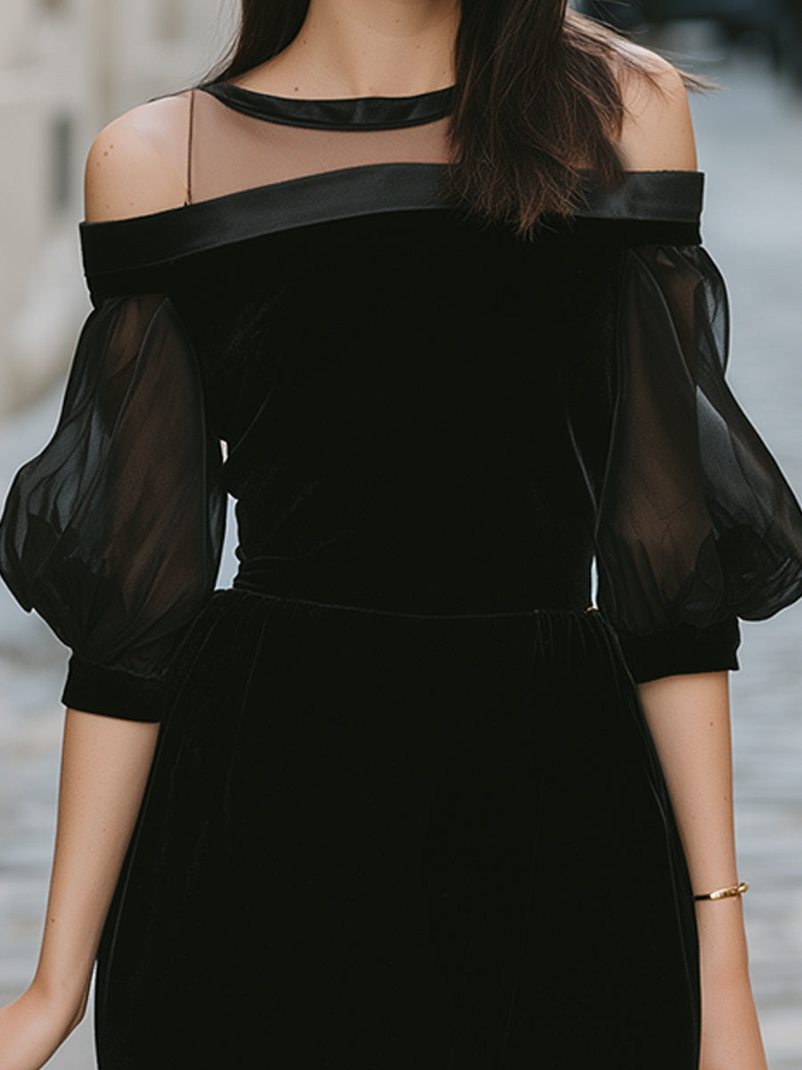 Black Velvet Off-Shoulder Illusion Midi Dress With Sheer Sleeves