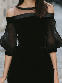 Black Velvet Off-Shoulder Illusion Midi Dress With Sheer Sleeves
