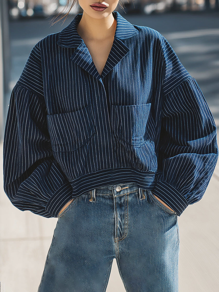 Navy Blue Pinstriped Drop-shoulder Loose Coat