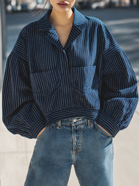 Navy Blue Pinstriped Drop-shoulder Loose Coat