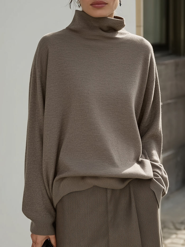 Taupe Relaxed Turtleneck Knit Sweater