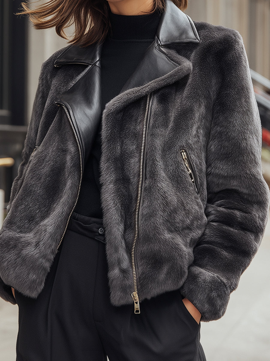Charcoal Faux Fur Moto Jacket With Leather Lapel