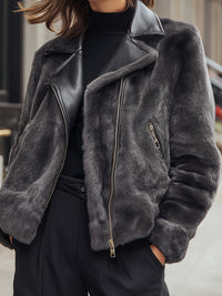 Charcoal Faux Fur Moto Jacket With Leather Lapel