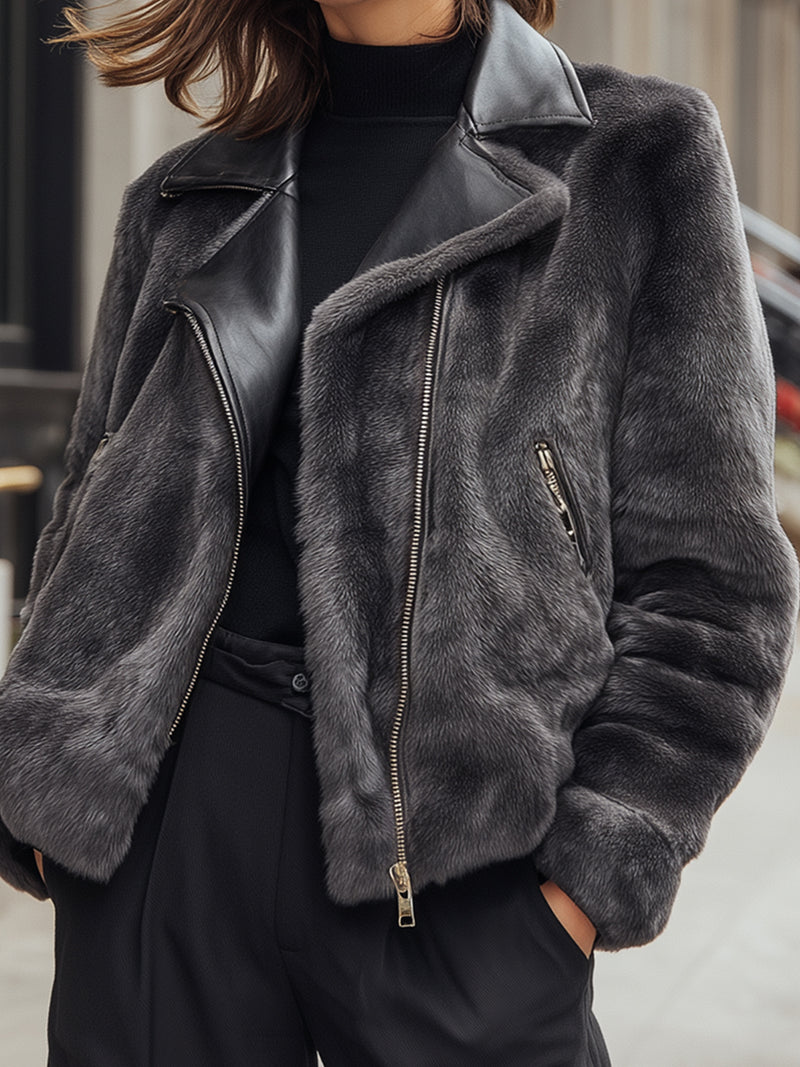 Charcoal Faux Fur Moto Jacket With Leather Lapel