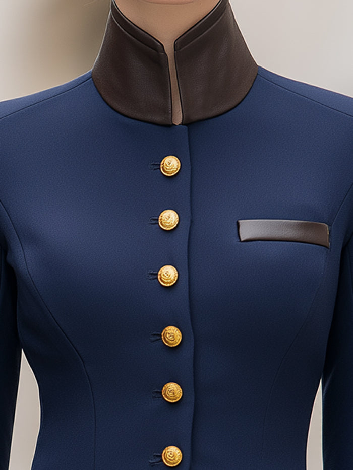 Navy High-Collar Peplum Military-Inspired Blazer