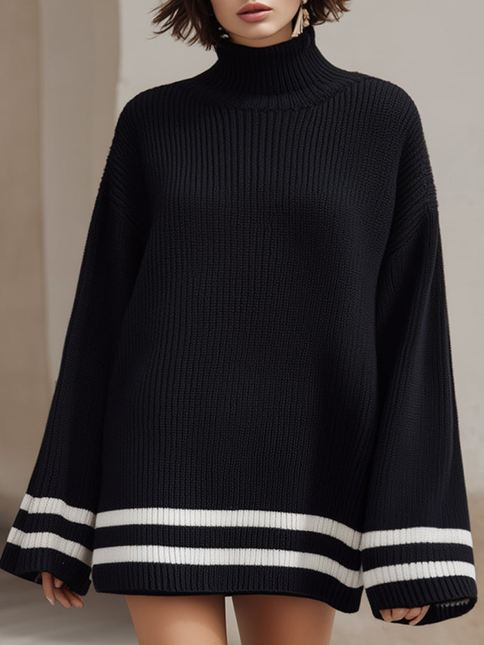 Oversized Ribbed Turtleneck Sweater With Contrast Striped Hem