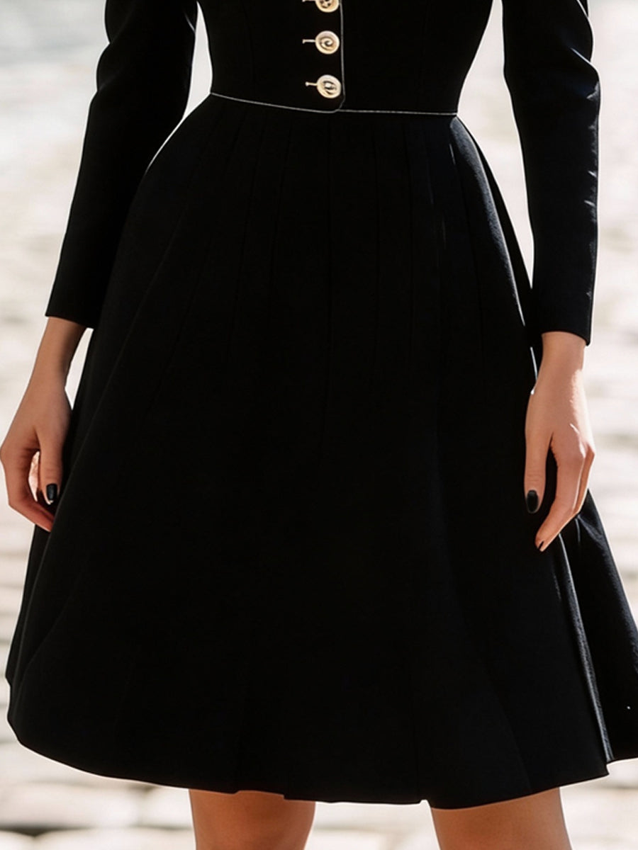 Black Sculpted Square-Neck Buttoned A-Line Dress