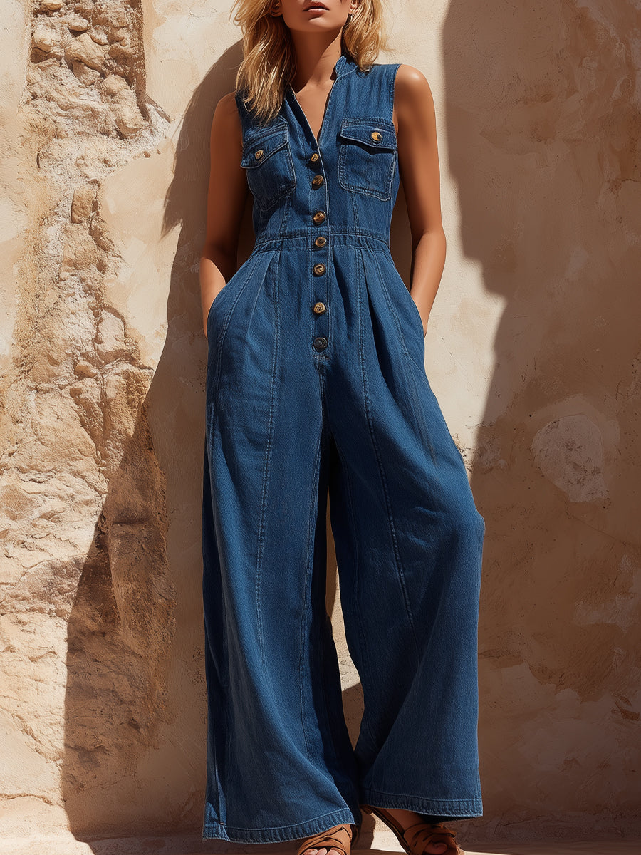 Sleeveless Button-Front Denim Wide-Leg Jumpsuit