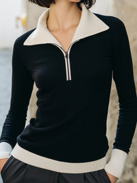 Contrast-Collar Half Zip Knit Top