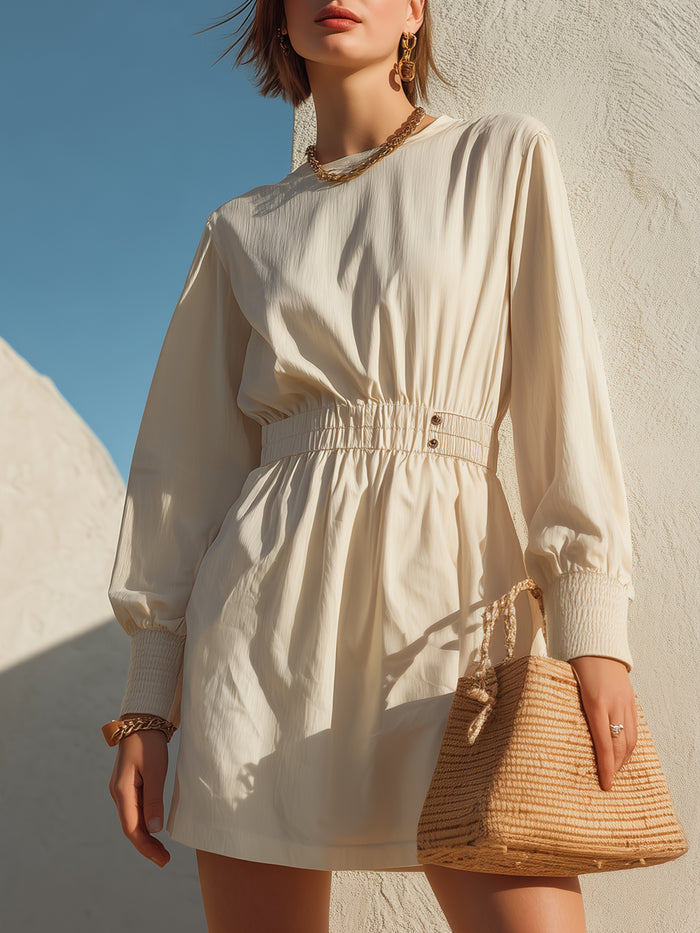 Elastic-Waist Long Sleeve Mini Dress In Soft Ivory