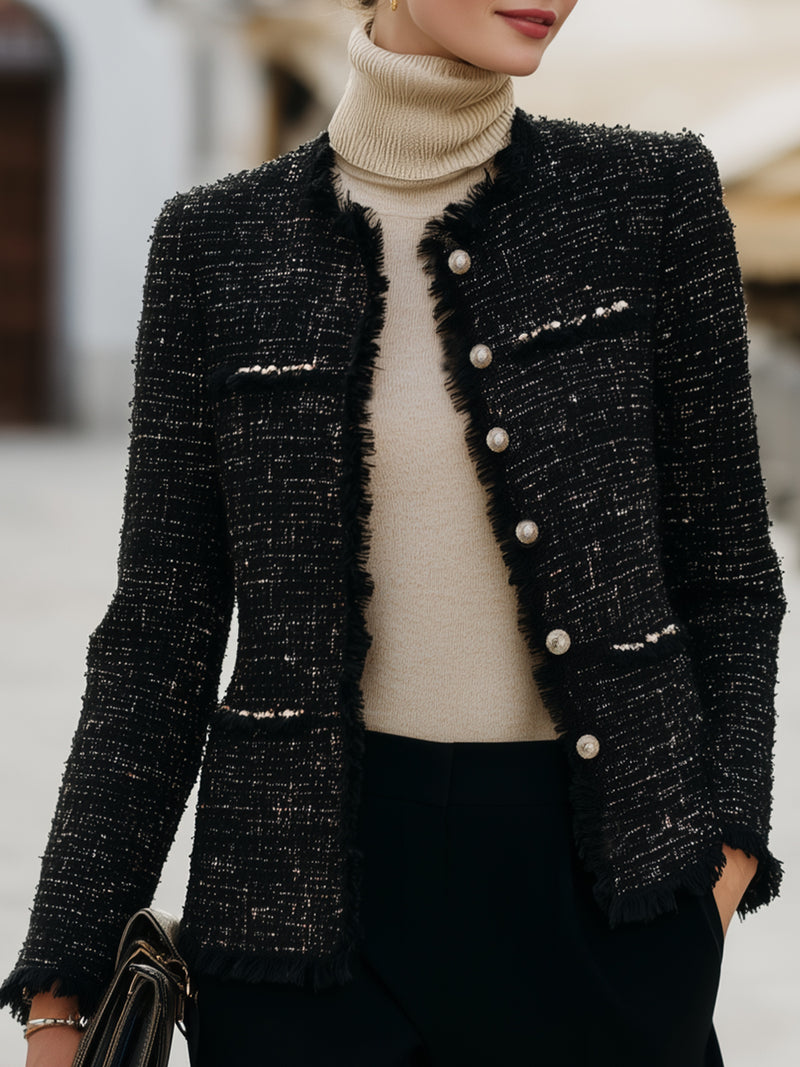Tweed Fringed Pearl Button Jacket