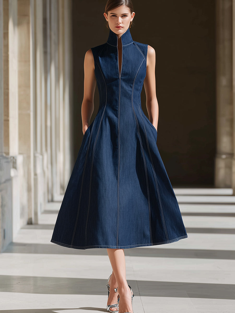 Sleeveless Stand Collar Tailored A-Line Denim Dress