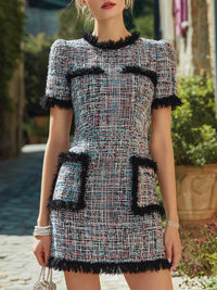 Tweed Fringe-Trim Short Sleeve Mini Dress