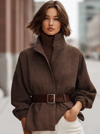 Textured Brown Belted Jacket With High Collar